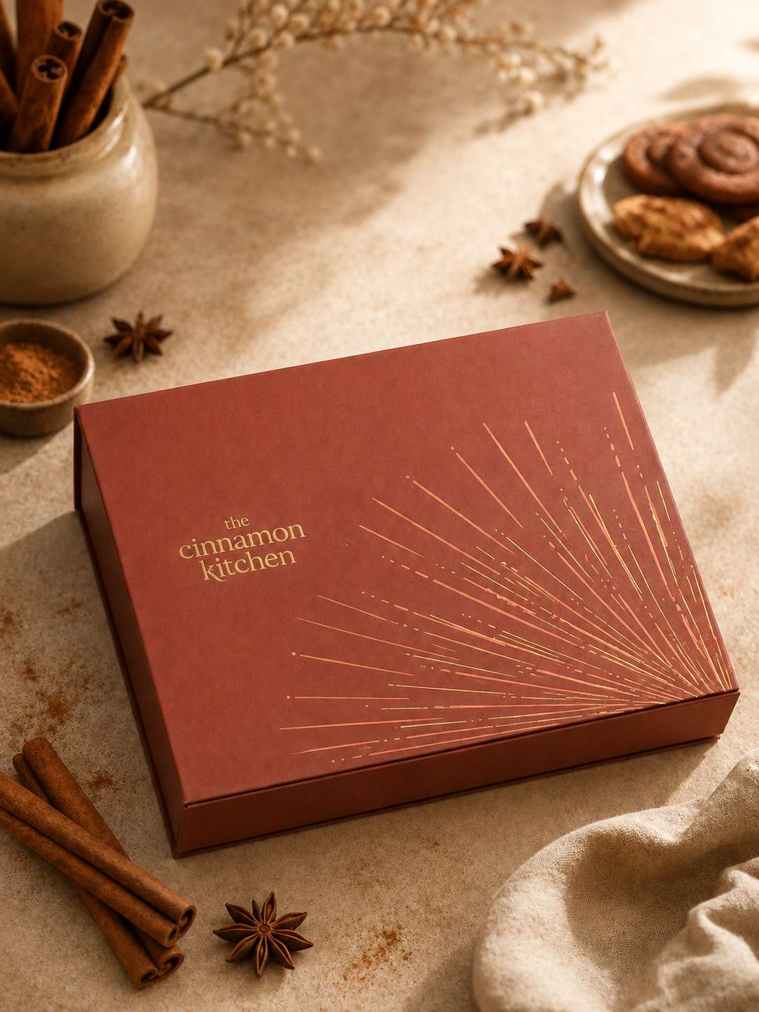 Rust coloured rigid box with gold foil sunburst pattern