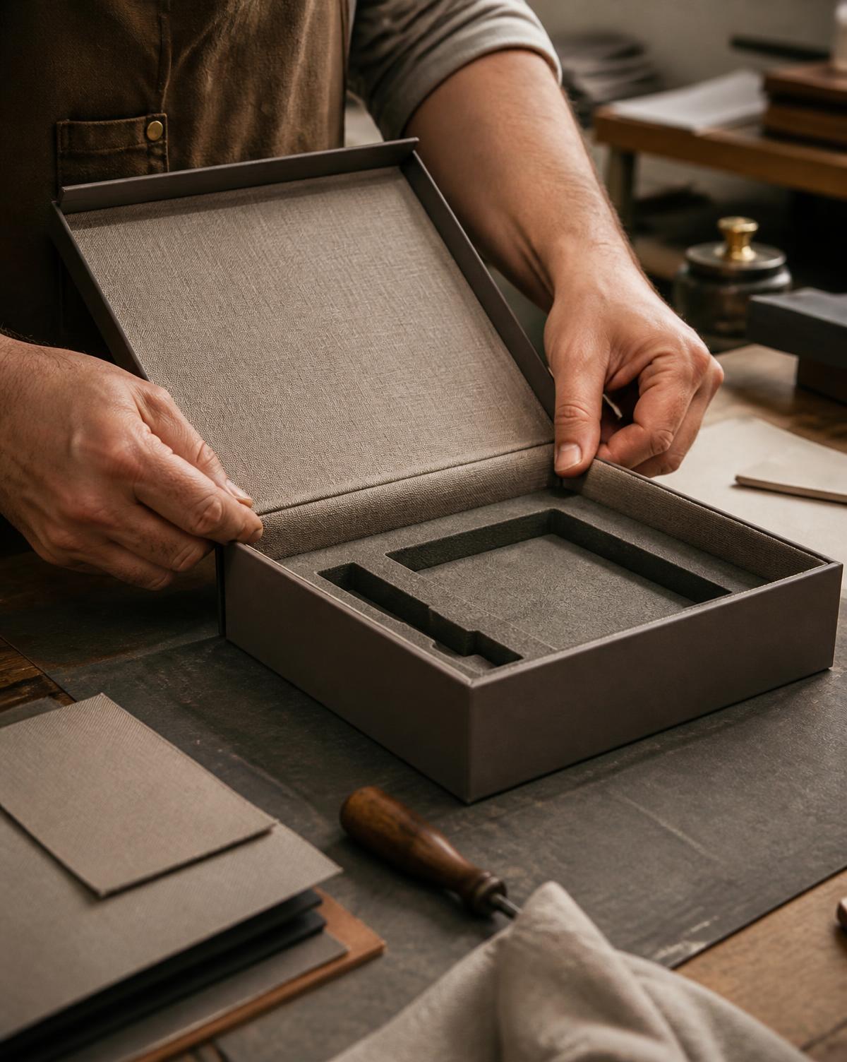 A craftsperson fitting a lined tray into a rigid gift box